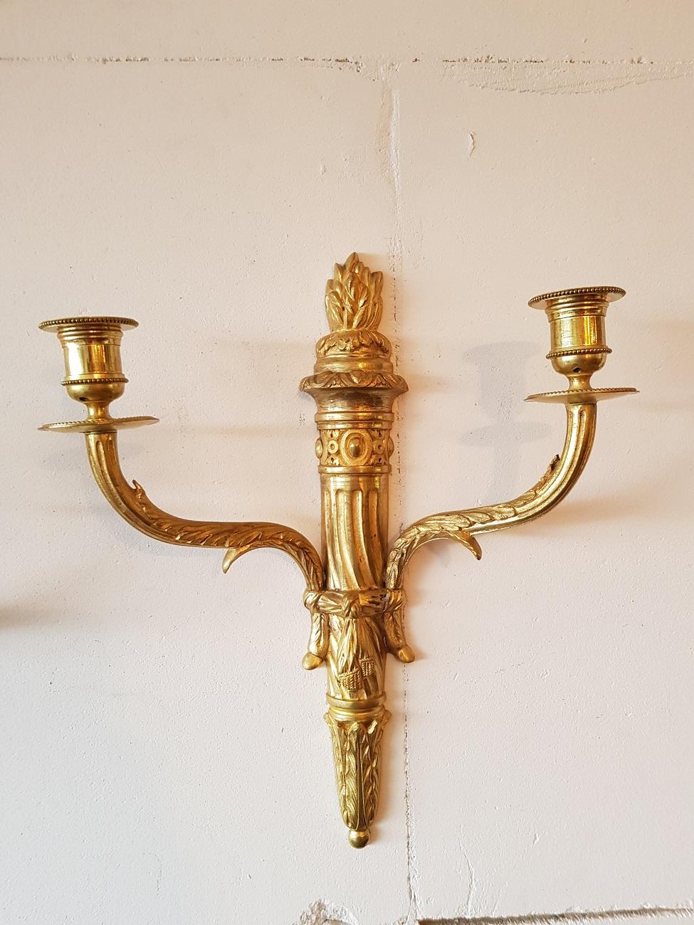 European Pair of 20th Century Bronze Candle Sconces in Louis XVI Style For Sale