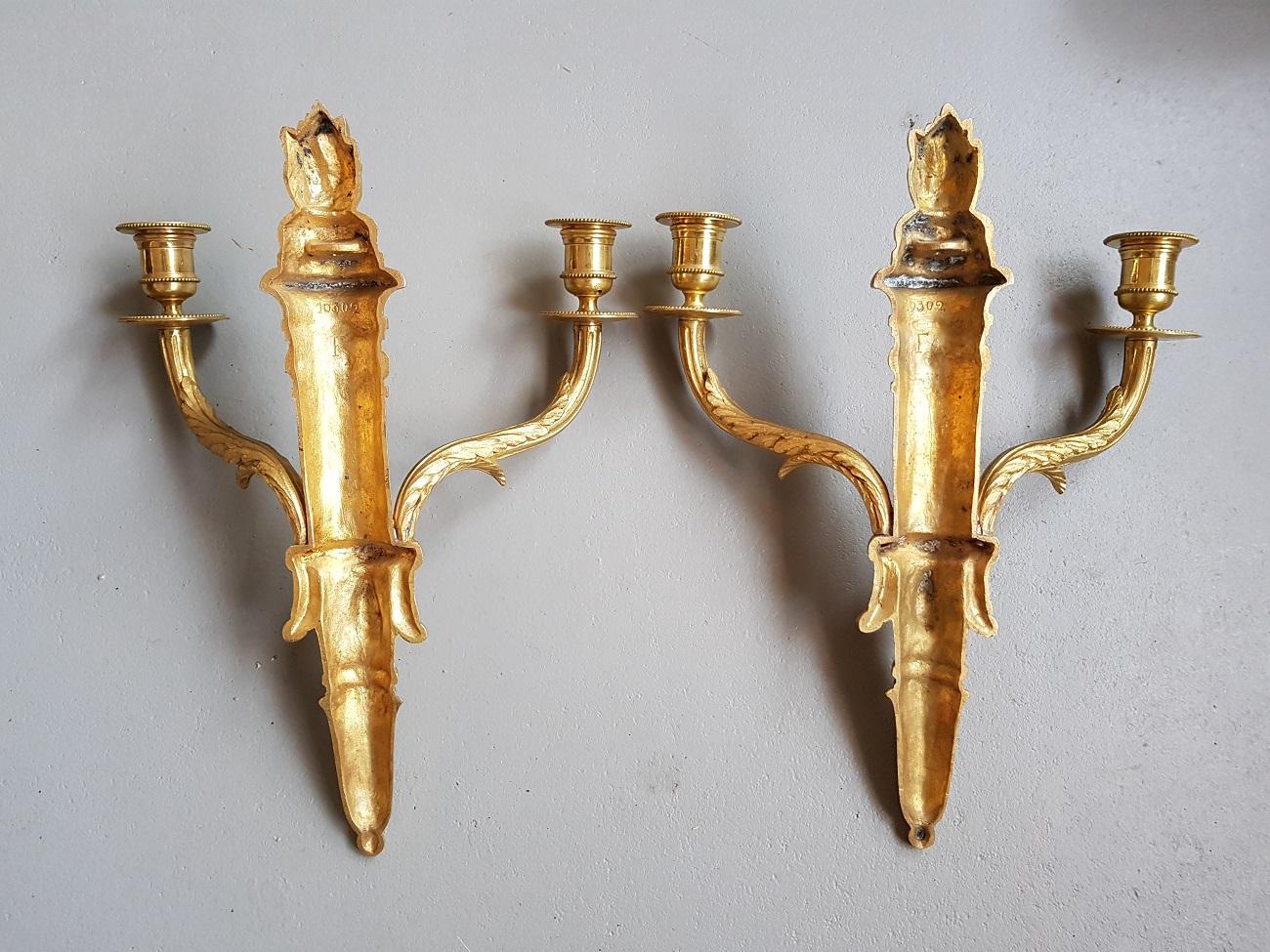 Pair of 20th Century Bronze Candle Sconces in Louis XVI Style For Sale 3