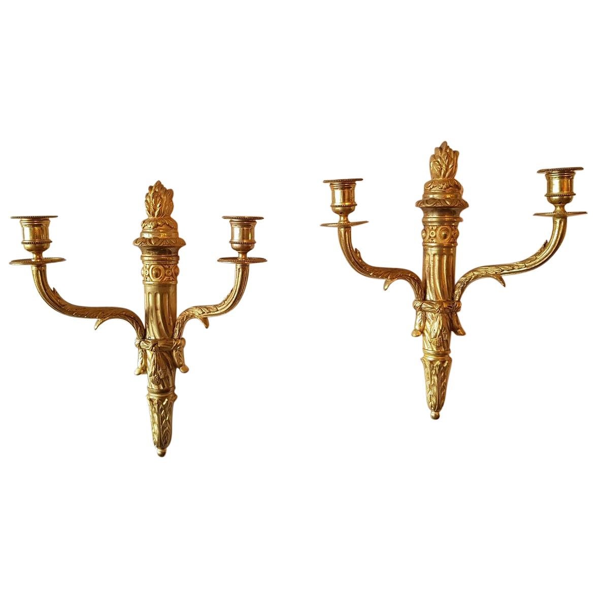 Pair of 20th Century Bronze Candle Sconces in Louis XVI Style For Sale