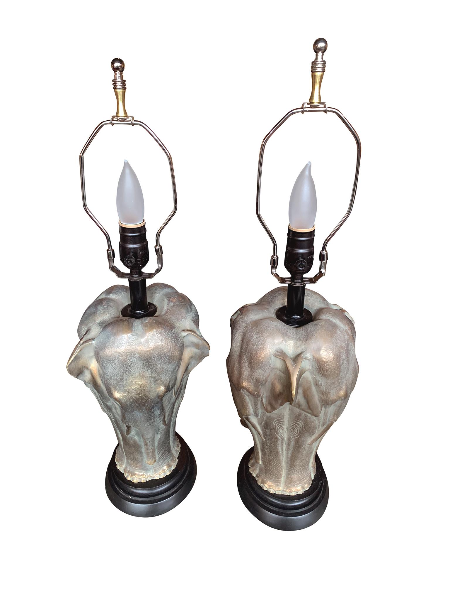 Jute Pair of 20th Century Bronze Elephant Table Lamps
