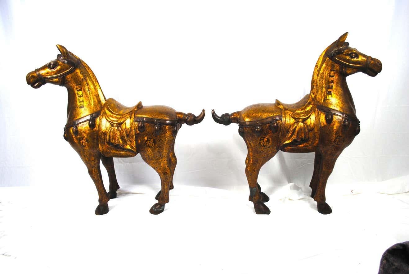 Cast Pair of 20th Century Bronze Gilded Gift Horses For Sale