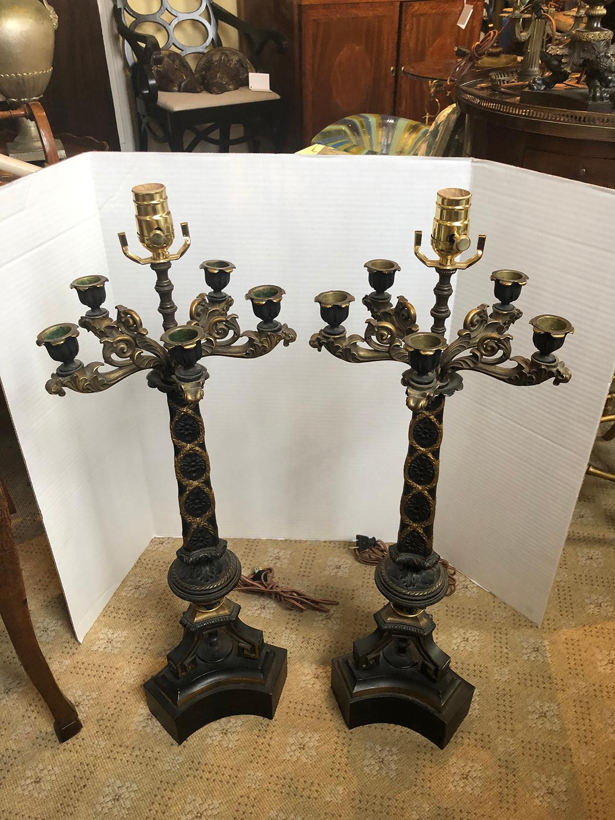 Pair of 20th Century Bronze and Gilt Five-Arm Candelabra as Lamps For Sale 6