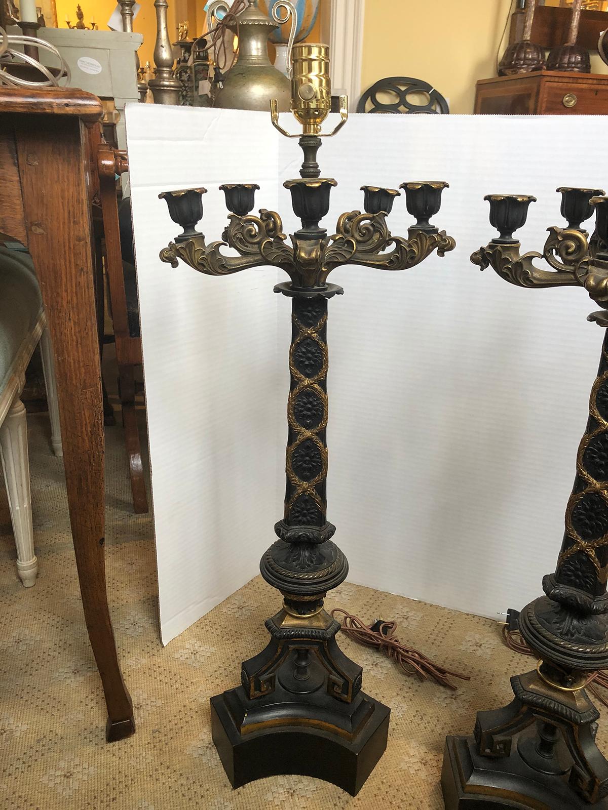 Pair of 20th Century Bronze and Gilt Five-Arm Candelabra as Lamps For Sale 7