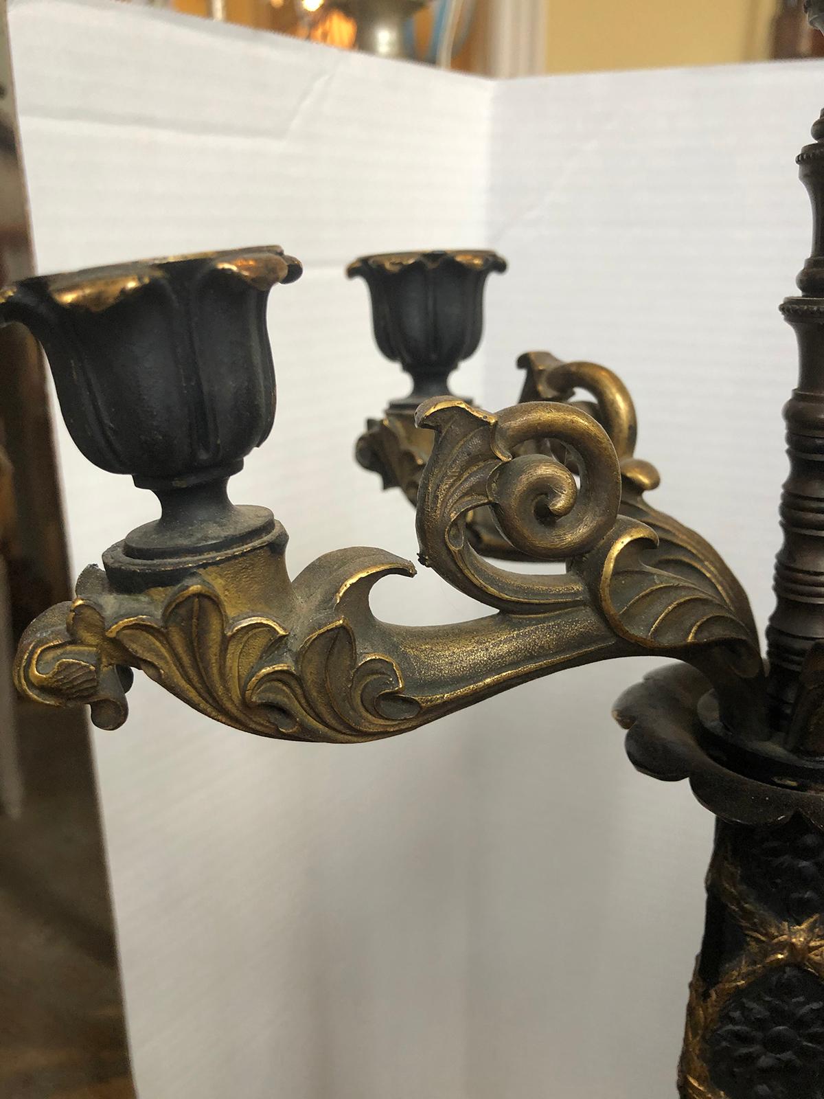 Pair of 20th Century Bronze and Gilt Five-Arm Candelabra as Lamps In Good Condition For Sale In Atlanta, GA