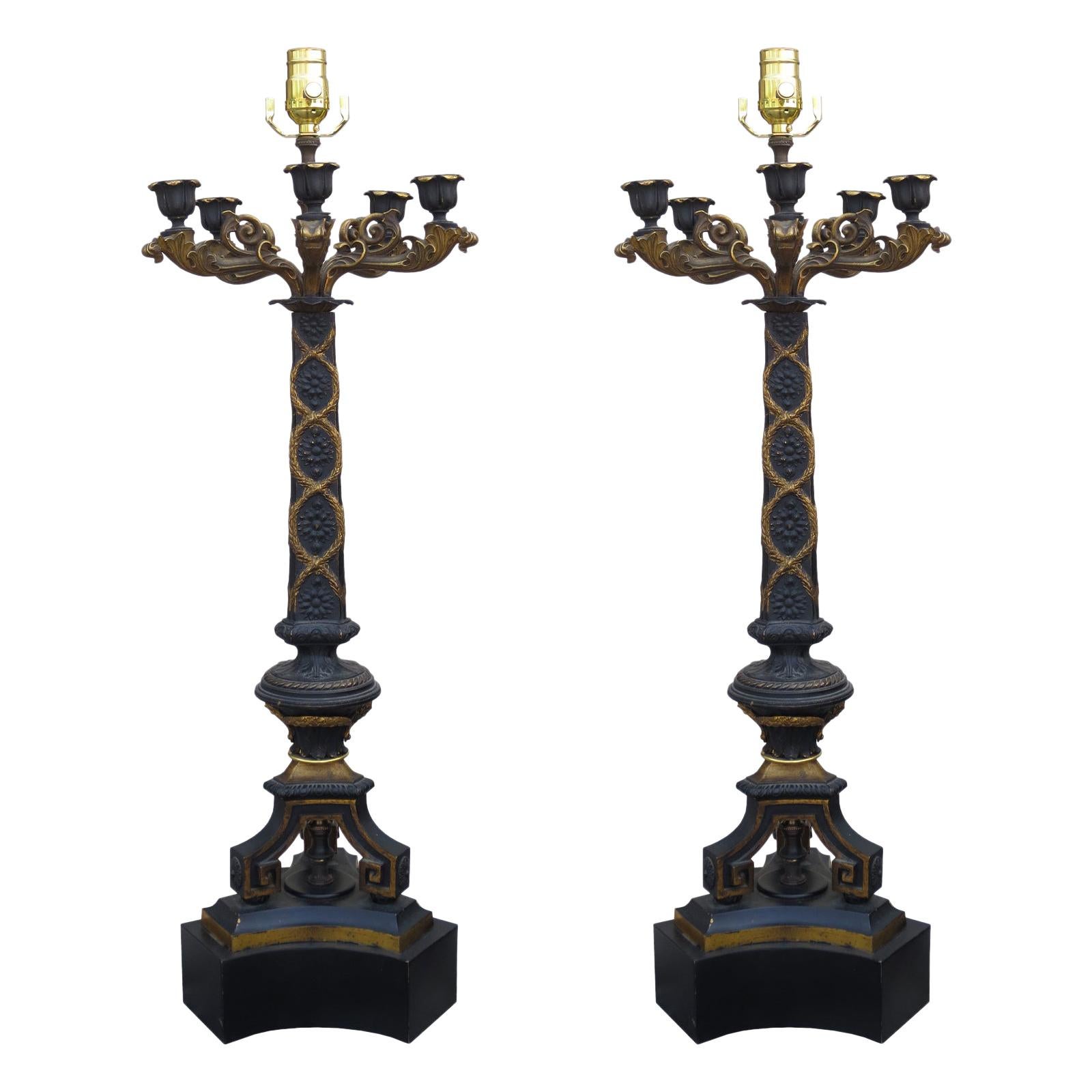 Pair of 20th Century Bronze and Gilt Five-Arm Candelabra as Lamps For Sale