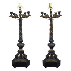 Pair of 20th Century Bronze and Gilt Five-Arm Candelabra as Lamps