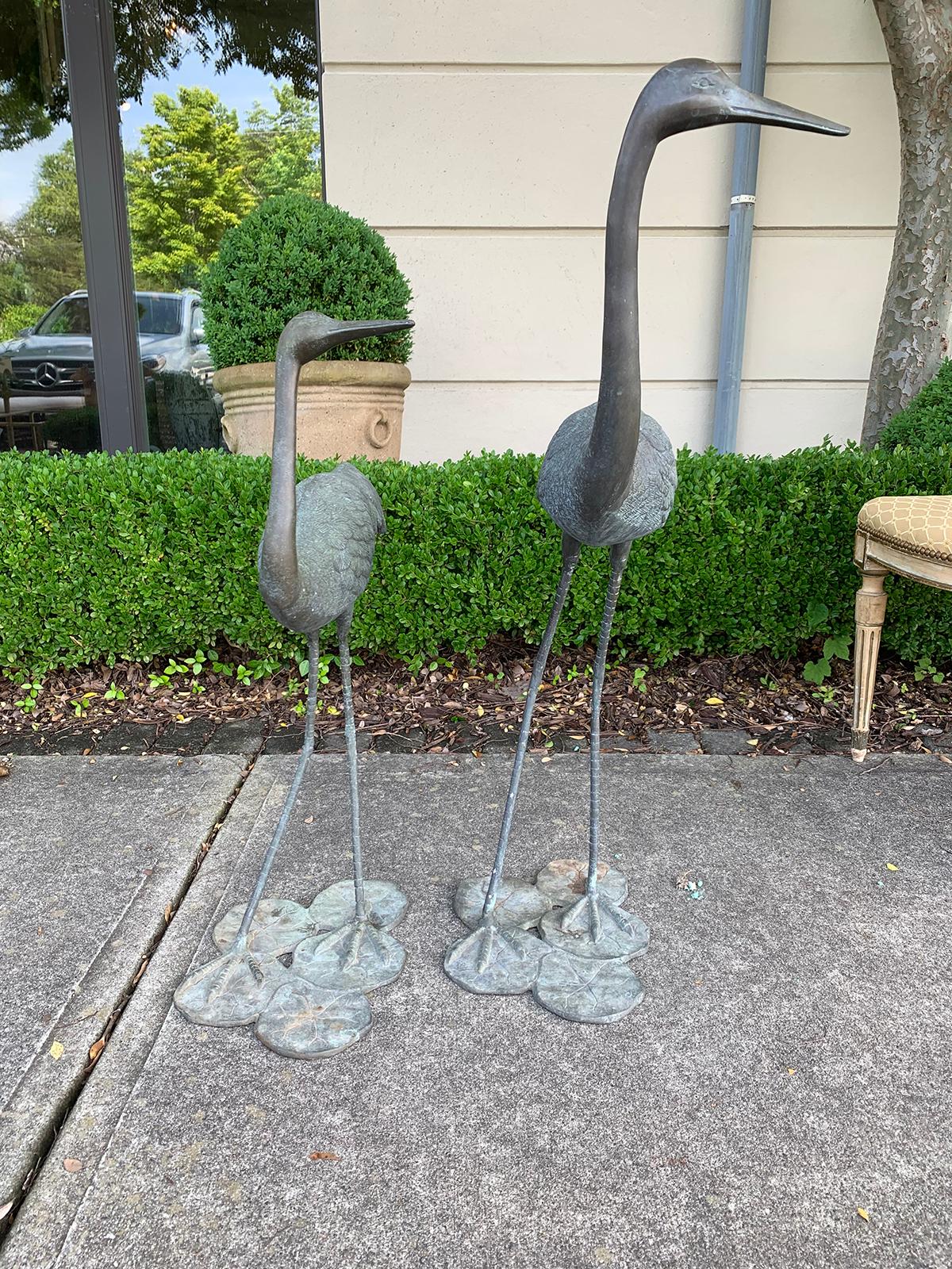 Pair of 20th Century Bronze Herons on Lily Pads In Good Condition In Atlanta, GA