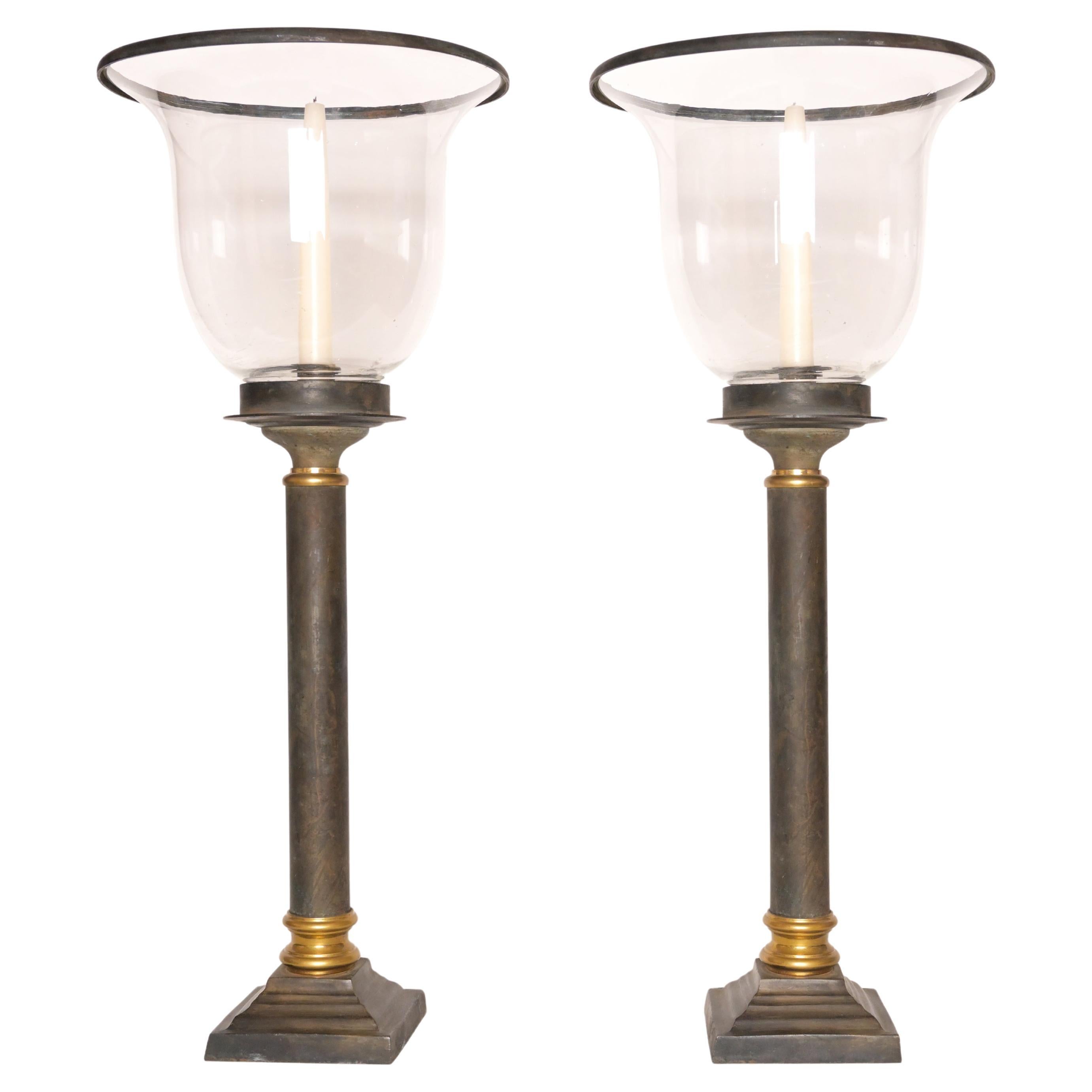 Pair of 20th Century Bronze Hurricane Votive Lanterns