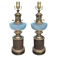 Pair of 20th Century Bronze Lamps with Crystal Oil Fonts