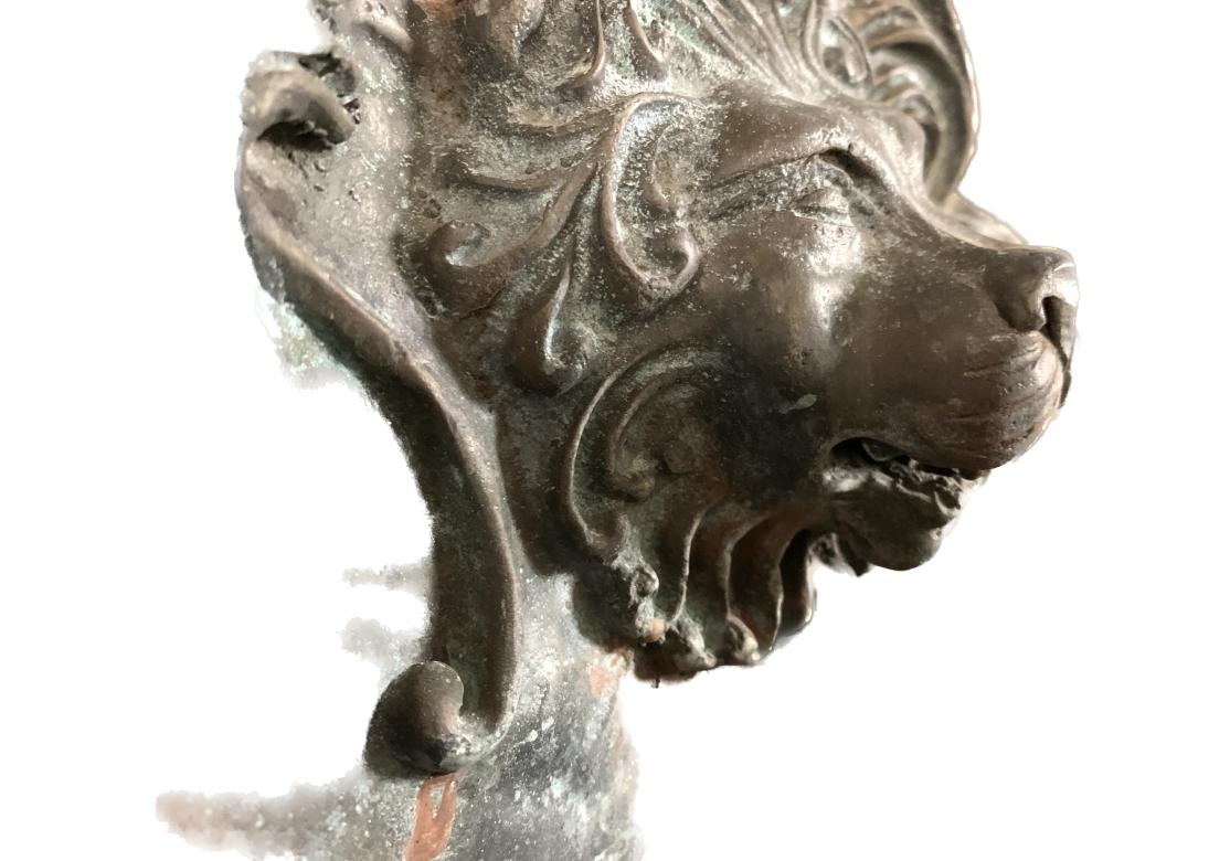 Pair Of 20th Century Bronze Lion Head Outdoor Wall Fountains With Basins In Fair Condition For Sale In Bridgeport, CT
