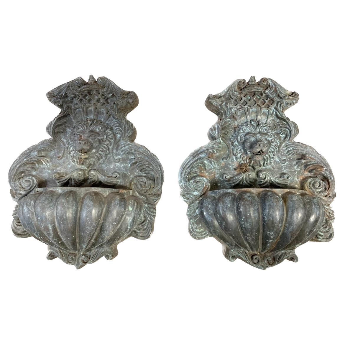 Pair Of 20th Century Bronze Lion Head Outdoor Wall Fountains With Basins For Sale