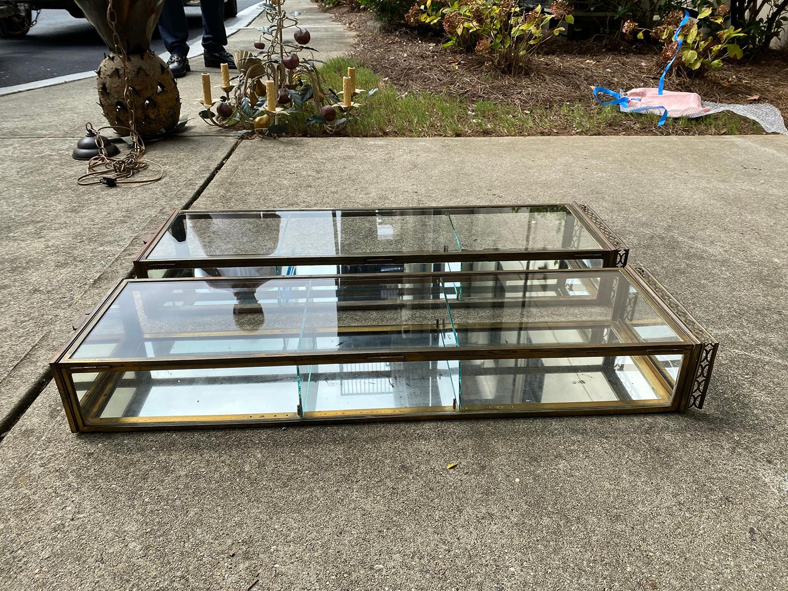Pair of 20th Century Bronze Wall Hanging Vitrines with Glass Shelves In Good Condition For Sale In Atlanta, GA