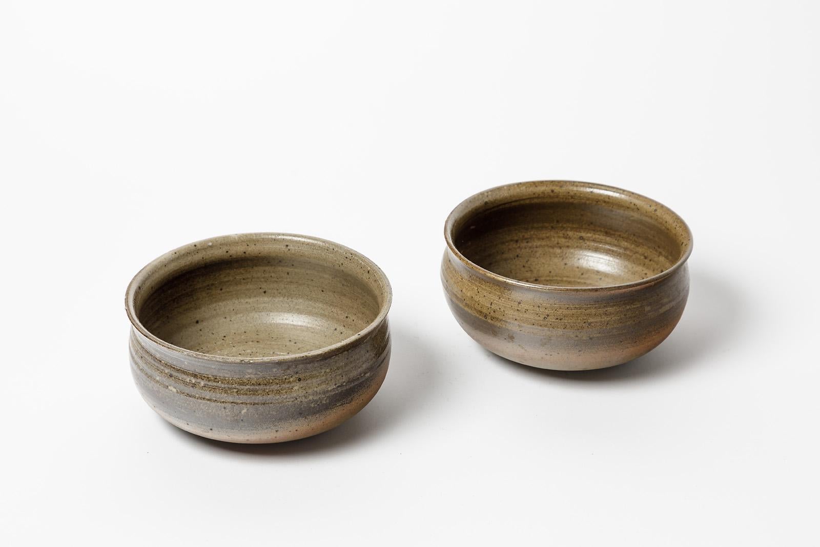 French Pair of 20th century brown ceramic bowls by Askett La Borne design 1970 For Sale