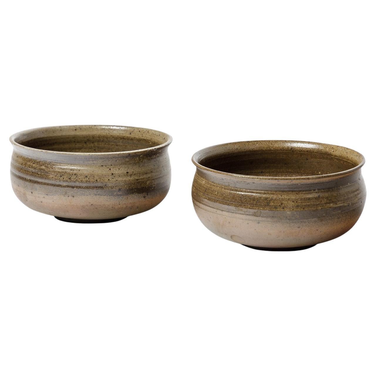Pair of 20th century brown ceramic bowls by Askett La Borne design 1970 For Sale
