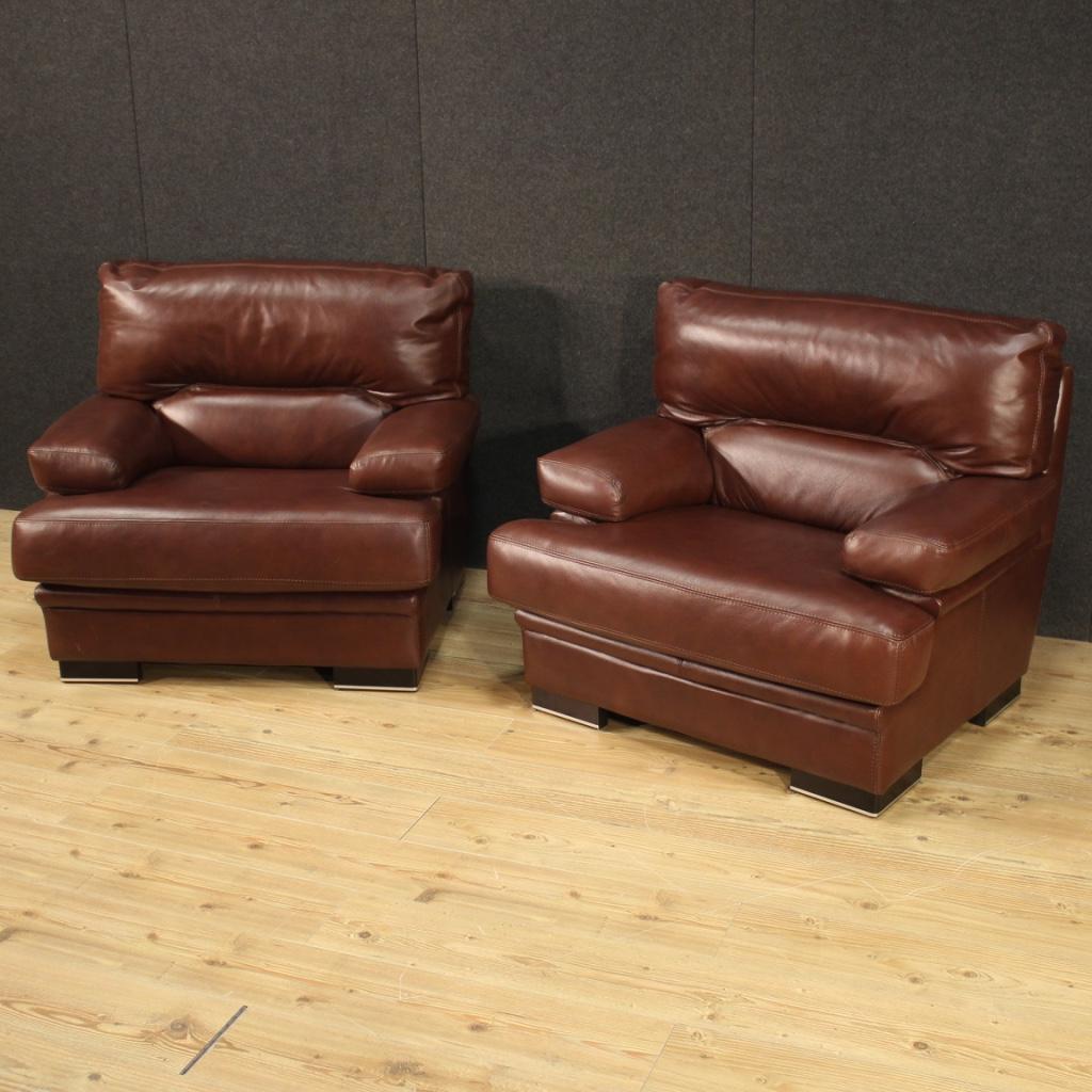Pair of 20th Century Brown Leather Italian Armchairs, 1980 In Good Condition In Vicoforte, Piedmont
