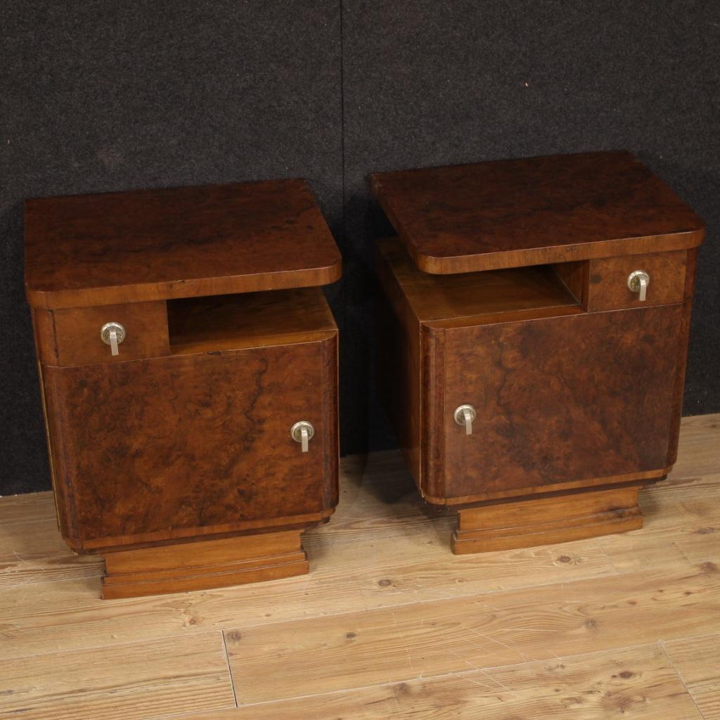 Pair of Italian bedside tables from the mid-20th century. Beautiful furniture in walnut and burl. Night stands equipped with a drawer, a side open compartment and a door, of good service. Door that offers a large compartment (see photo) of excellent