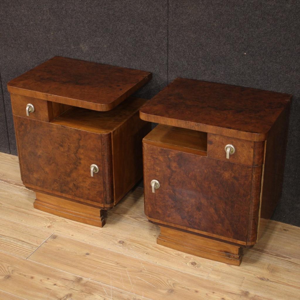 Pair of 20th Century Burl and Walnut Wood Italian Bedside Tables, 1950 In Good Condition In Vicoforte, Piedmont