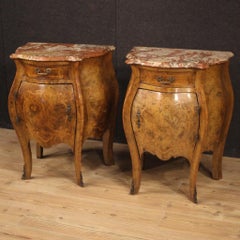 Pair of 20th Century Burl Walnut and Rosewood Marble-Top Italian Bedside Tables