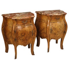 Pair of 20th Century Burl Walnut and Rosewood Marble-Top Italian Bedside Tables