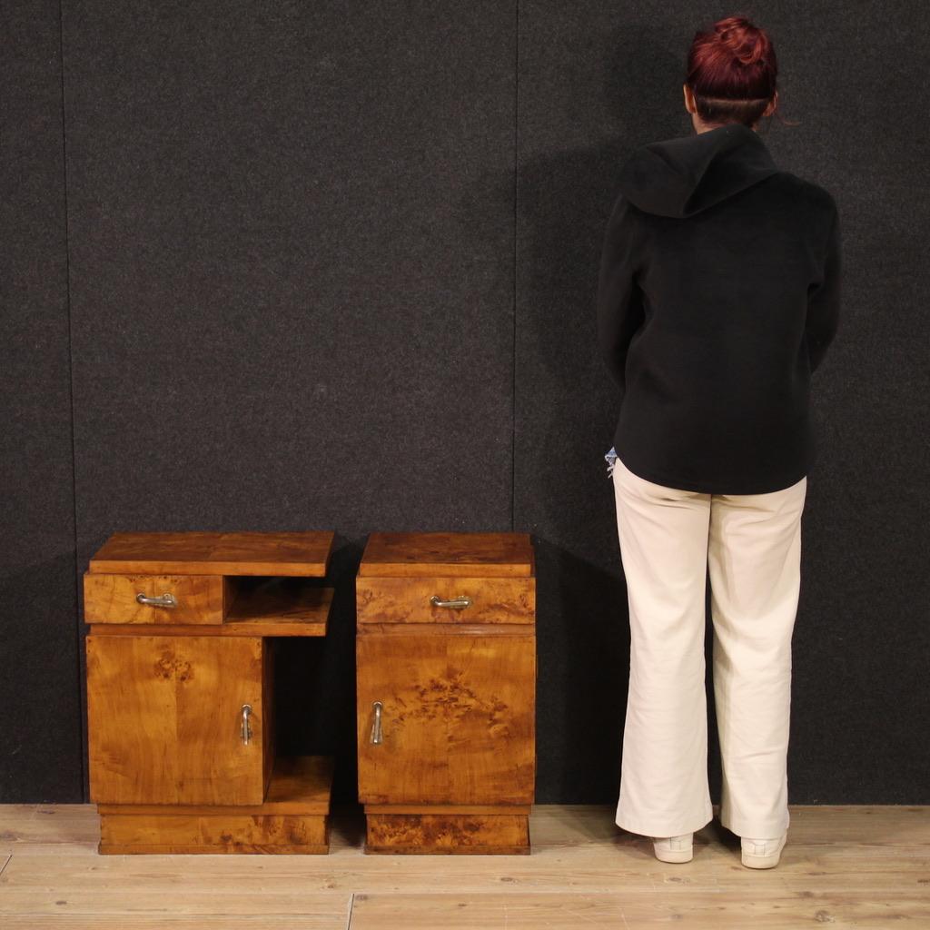 Mid-20th century Italian bedside tables. Walnut burl veneered furniture, in Art Deco style, of beautiful lines and pleasant furnishings. Bedside tables of different sizes, both equipped with a door and a drawer, good capacity and service. Ideal