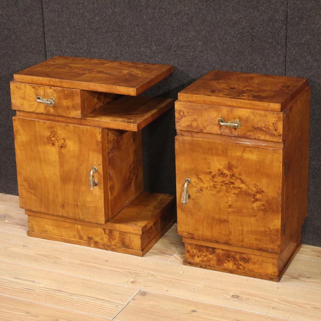 Mid-20th Century Pair of 20th Century Burl Walnut Wood Italian Art Deco Style Night Stands, 1950
