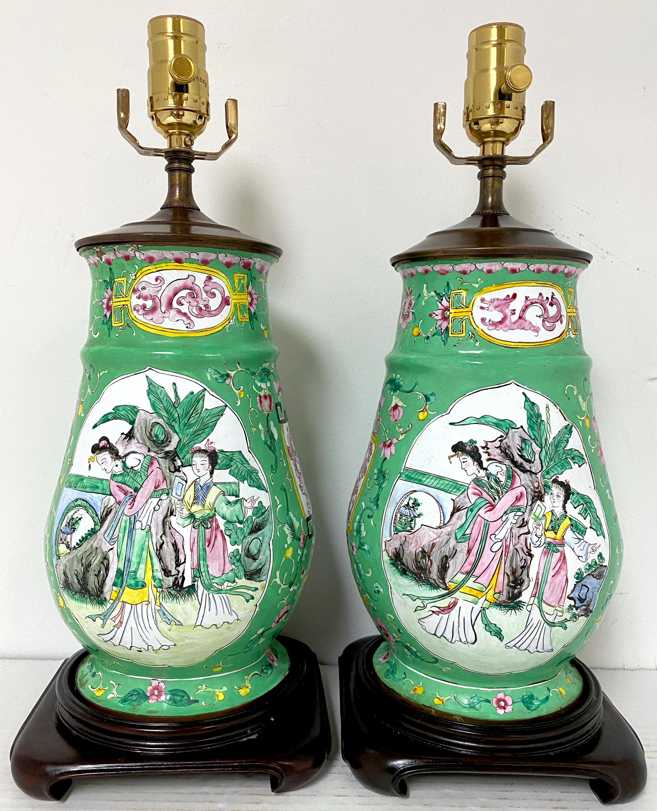 Pair of 20th Century Canton Enamel Mandarin & Bird Motif Vases, Now as Lamps   For Sale 3