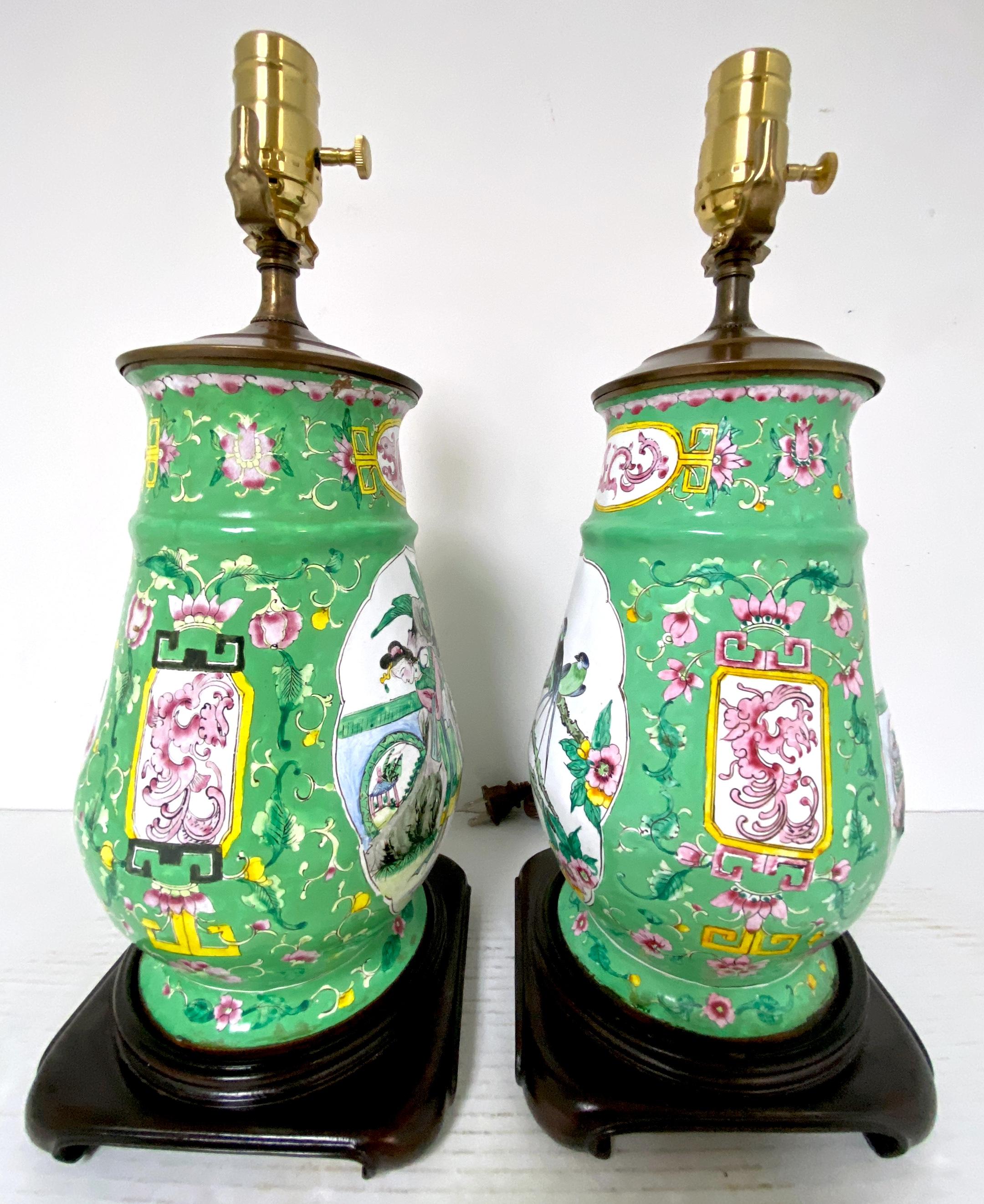 Chinese Export Pair of 20th Century Canton Enamel Mandarin & Bird Motif Vases, Now as Lamps   For Sale