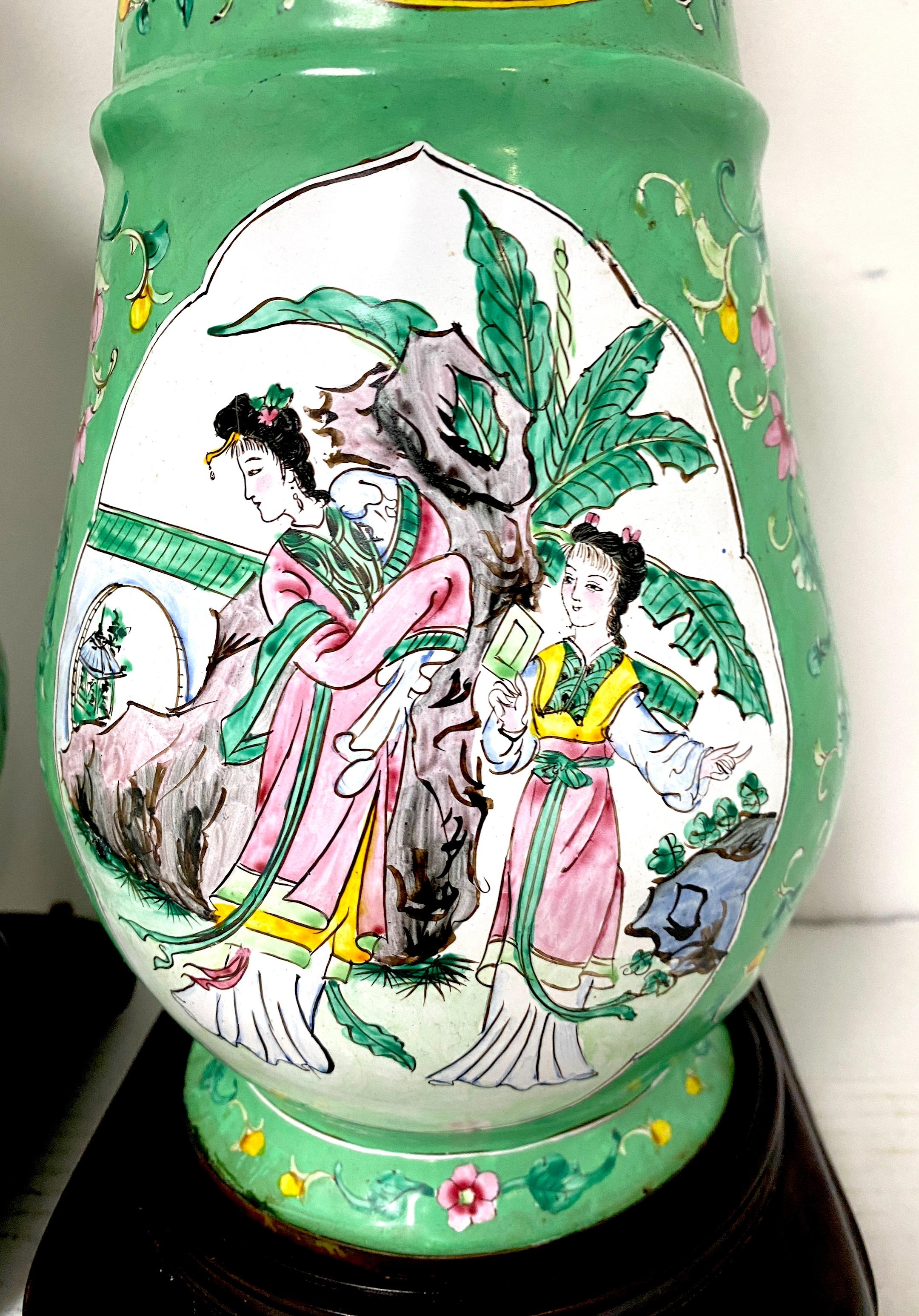 Hand-Painted Pair of 20th Century Canton Enamel Mandarin & Bird Motif Vases, Now as Lamps   For Sale
