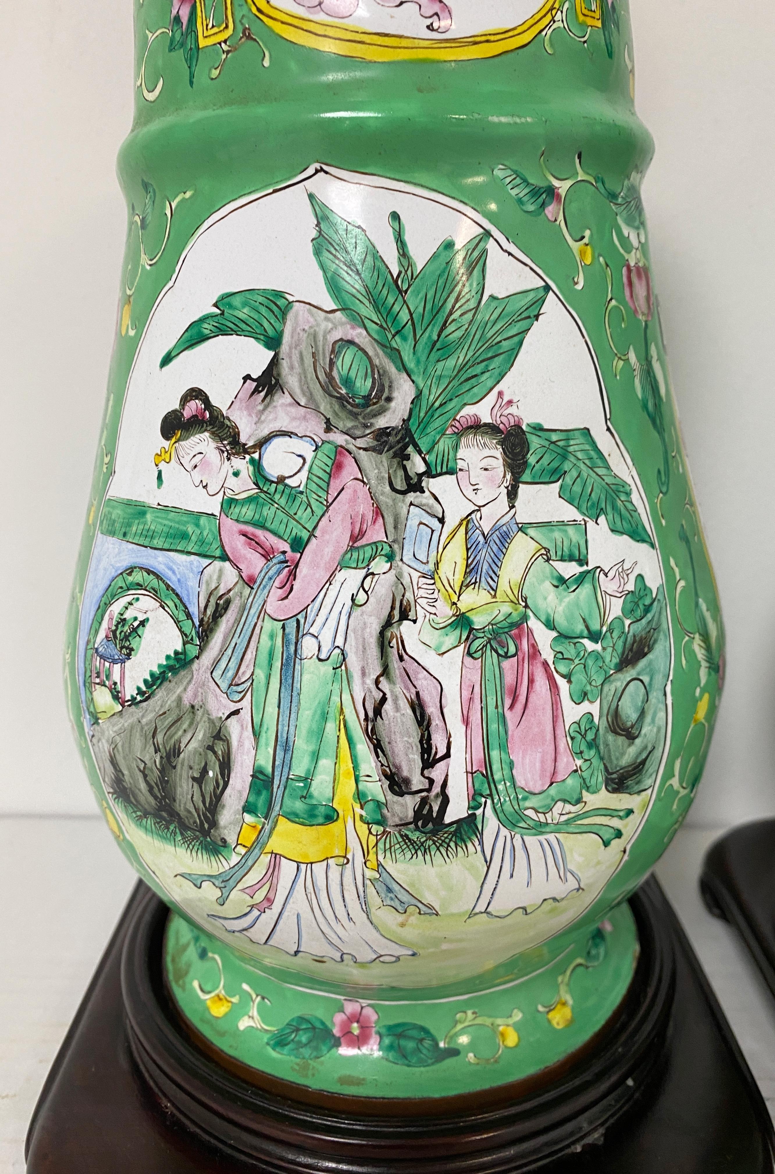 Pair of 20th Century Canton Enamel Mandarin & Bird Motif Vases, Now as Lamps   In Good Condition For Sale In West Palm Beach, FL