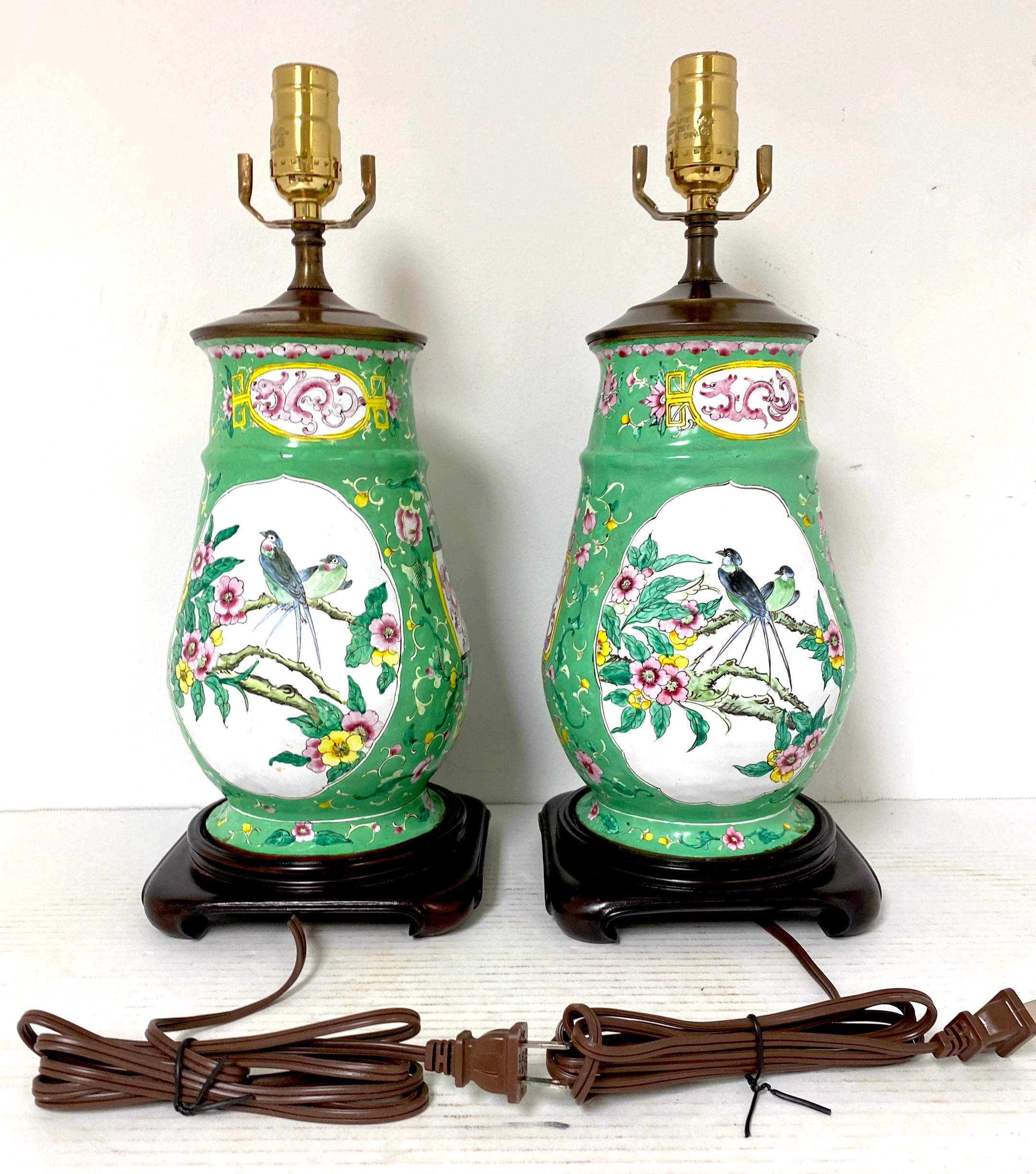 Copper Pair of 20th Century Canton Enamel Mandarin & Bird Motif Vases, Now as Lamps   For Sale