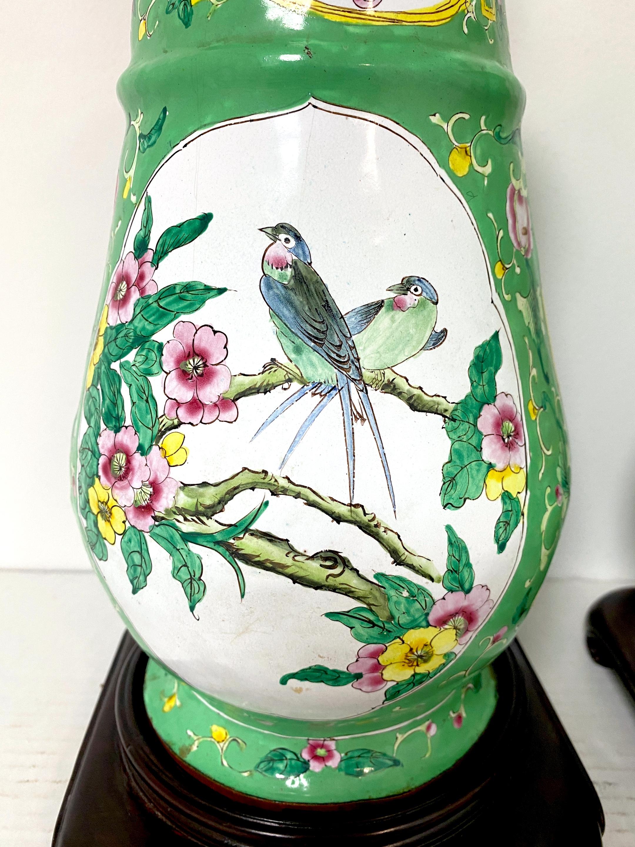 Pair of 20th Century Canton Enamel Mandarin & Bird Motif Vases, Now as Lamps   For Sale 1