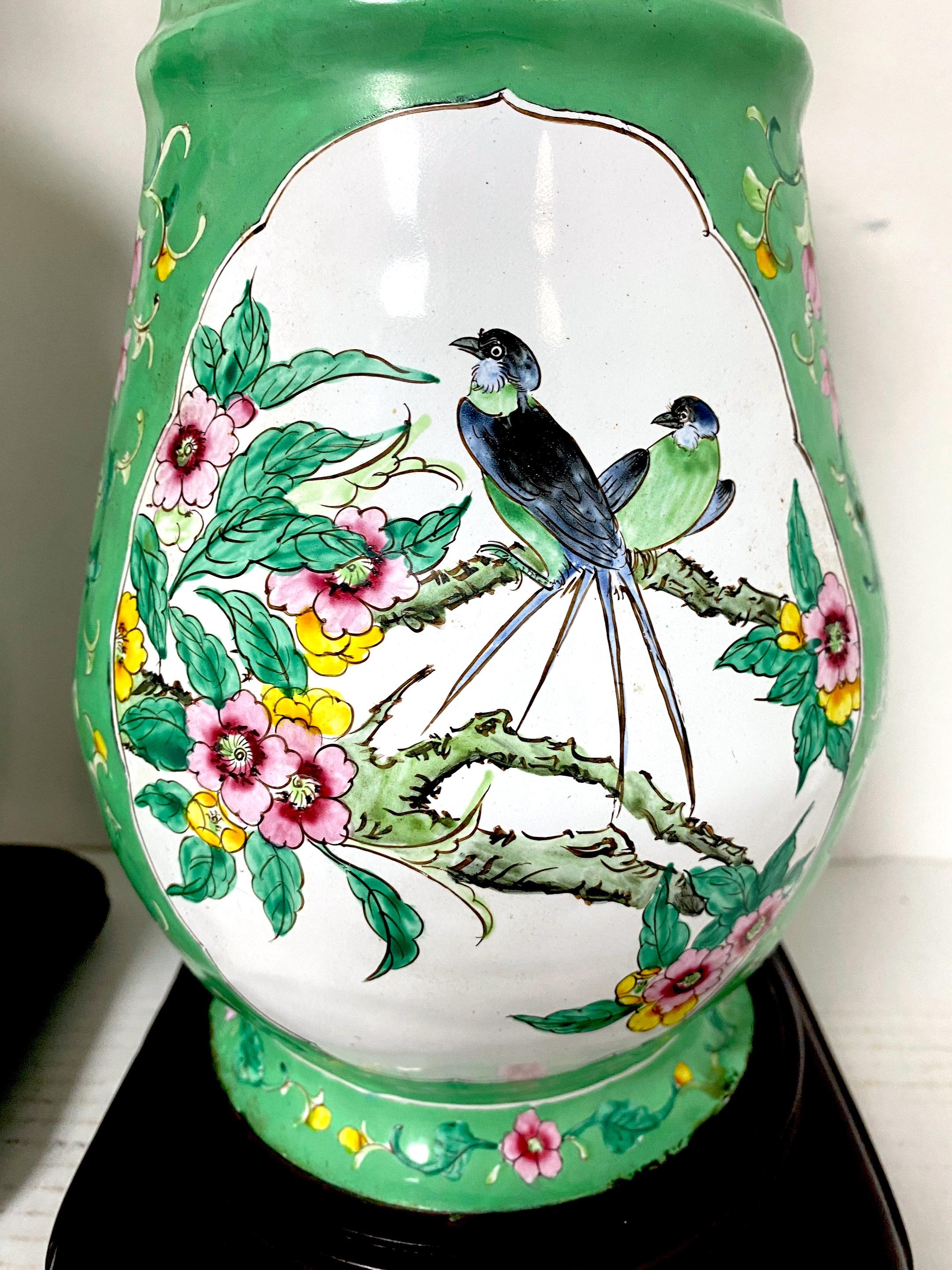 Pair of 20th Century Canton Enamel Mandarin & Bird Motif Vases, Now as Lamps   For Sale 2