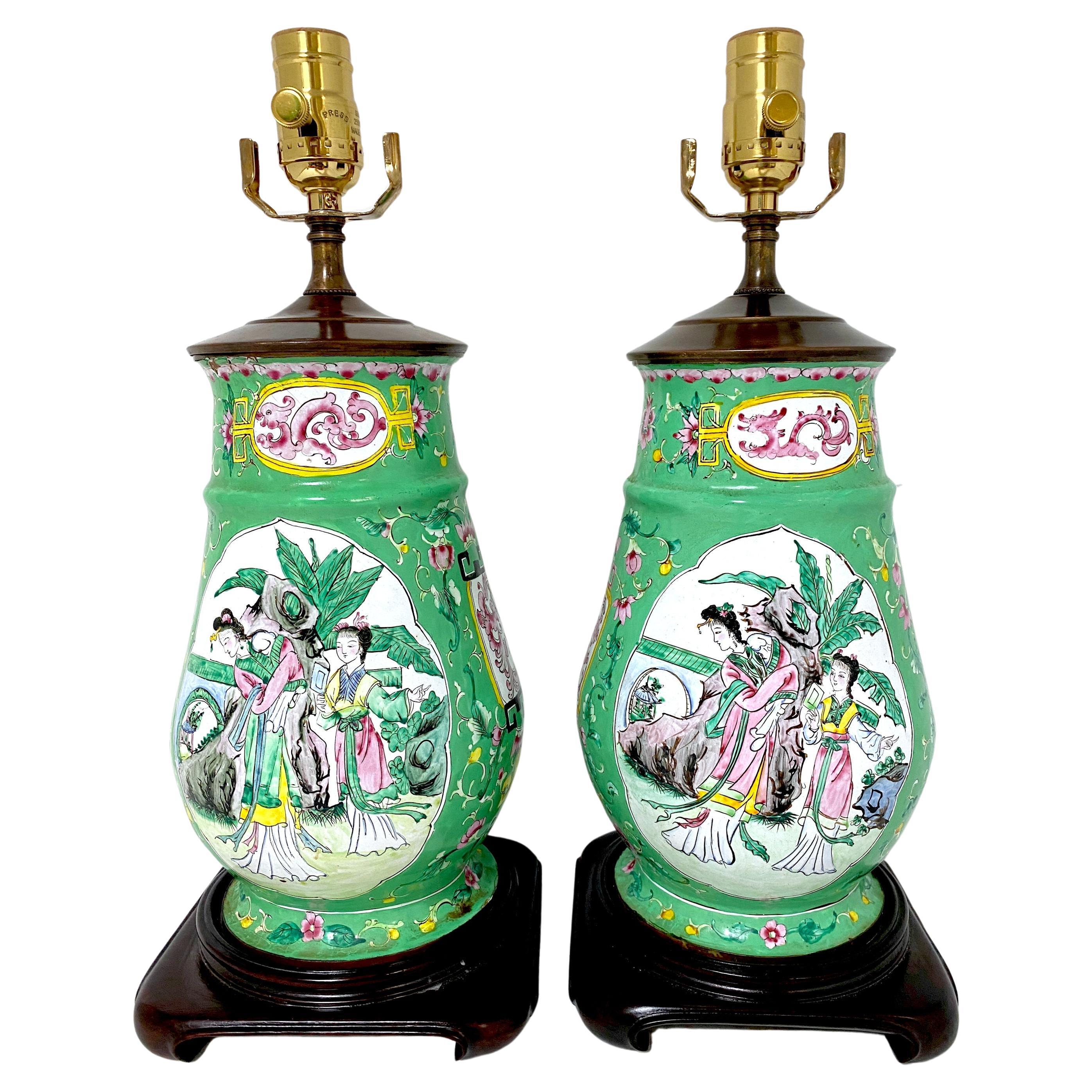 Pair of 20th Century Canton Enamel Mandarin & Bird Motif Vases, Now as Lamps  