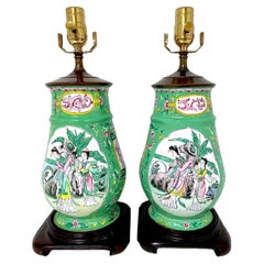 Vintage Pair of 20th Century Canton Enamel Mandarin & Bird Motif Vases, Now as Lamps  