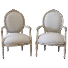 Pair of 20th Century Carved and Painted Louis XVI Style Armchairs in Linen