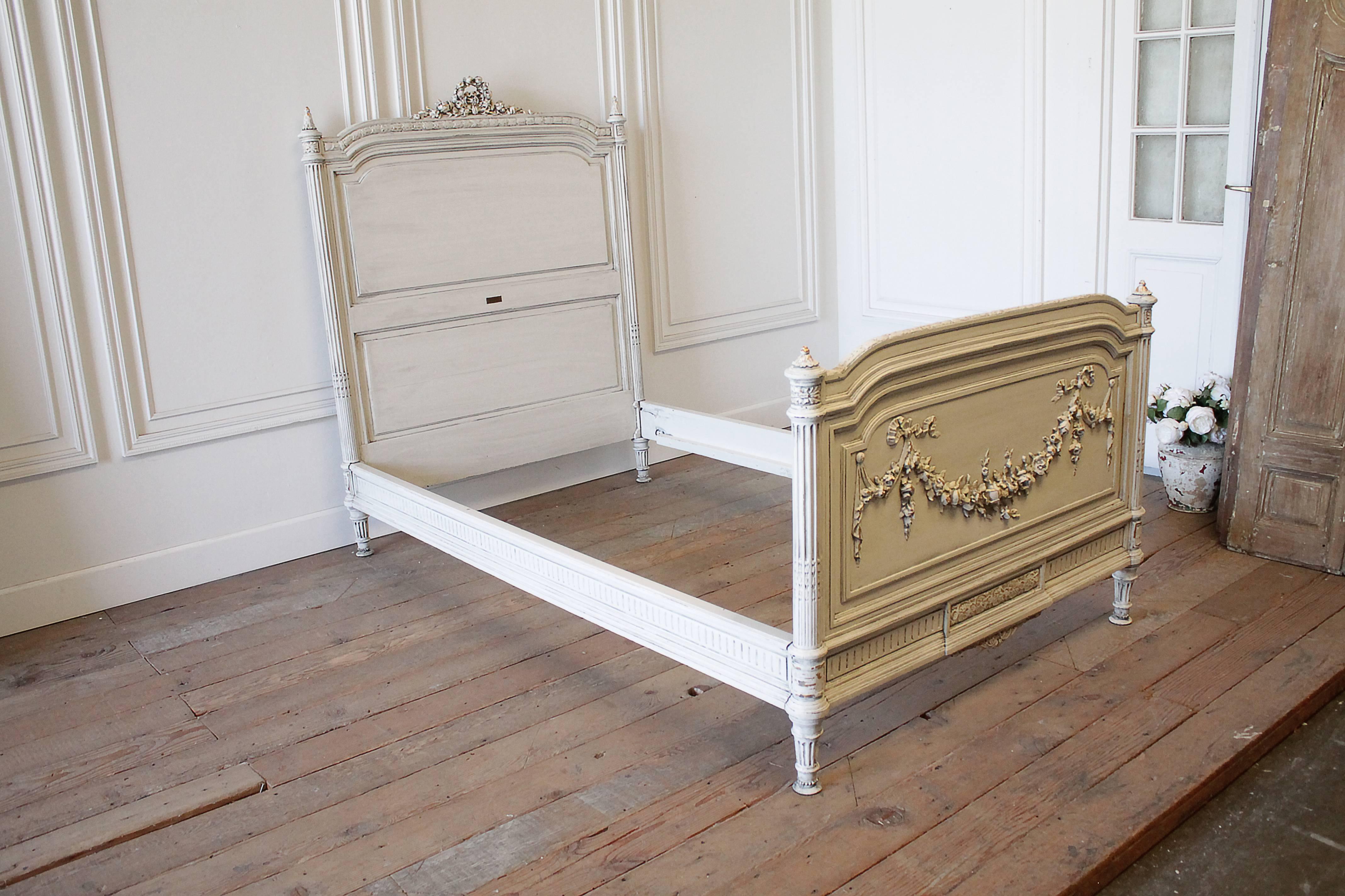 Pair of 20th Century Carved Painted Louis XVI Style French Beds with Rose Swags 5