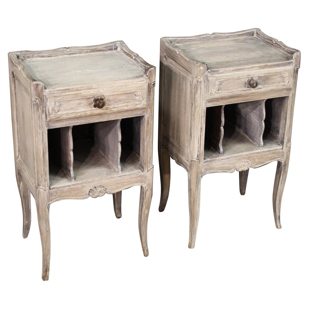 Pair of 20th Century Carved Painted Wood Shabby Chic French Nightstands, 1970