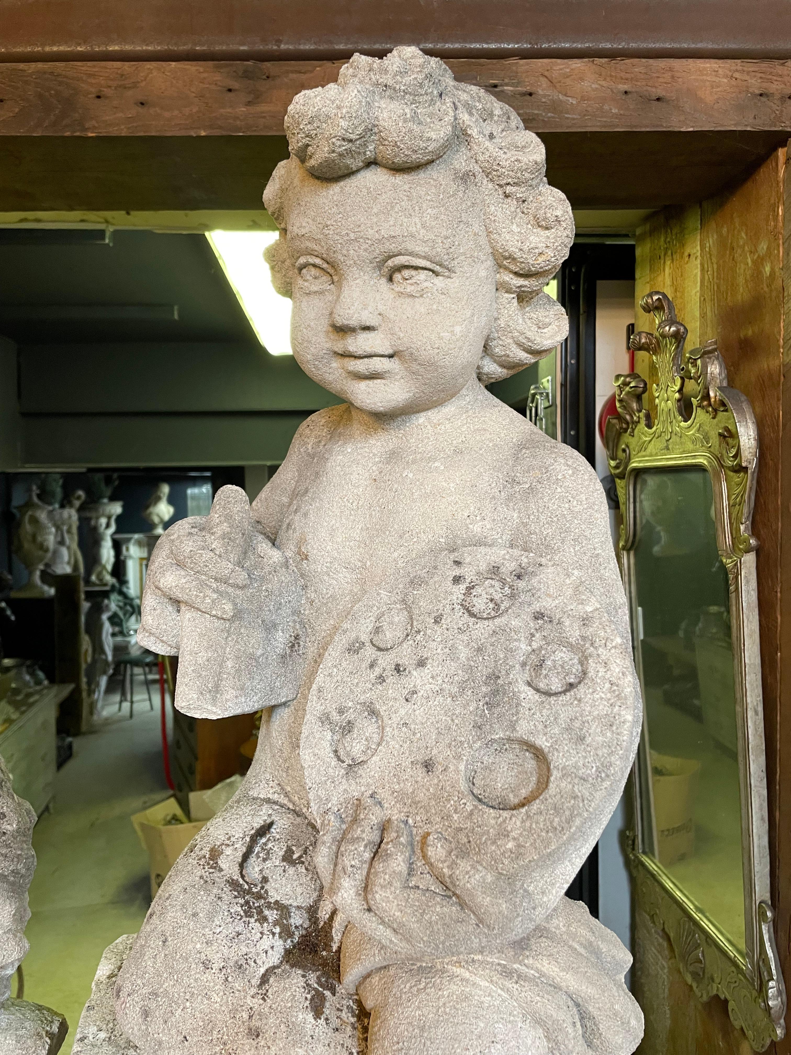 Pair of 20th Century Carved Stone Putti For Sale 1