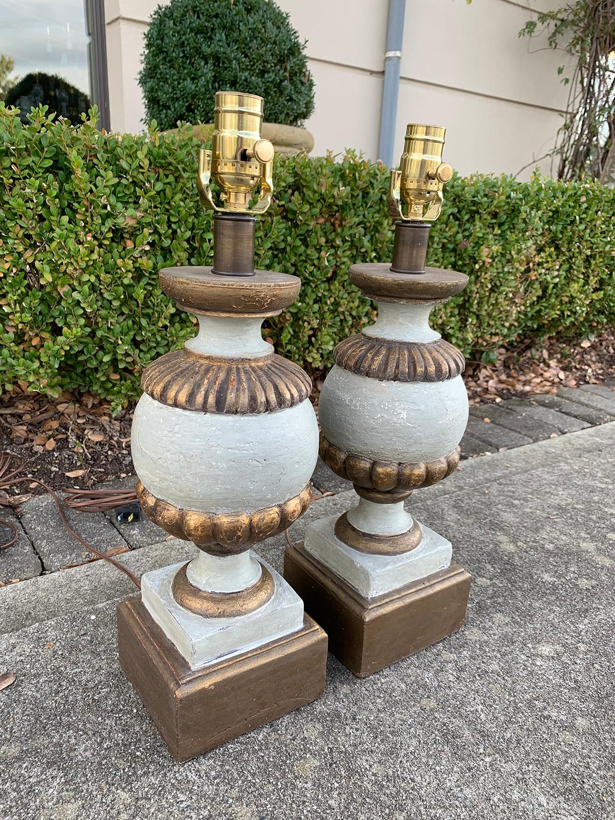 Hand-Carved Pair of 20th Century Carved Wood Lamps with Custom Finish