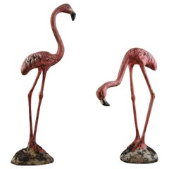 Vintage Pair of 20th Century Cast Stone Garden Flamingos