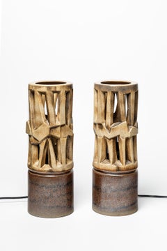 Pair of 20th Century Ceramic Table Lamps circa 1960 Brown and Black Design