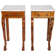 Pair of 20th Century Charles X Style Mahogany Tables with White Marble Tops