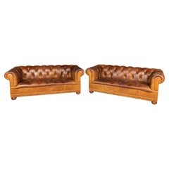 Vintage Pair of 20th Century Chesterfield Leather Sofas By Laura Ashley, c.1970