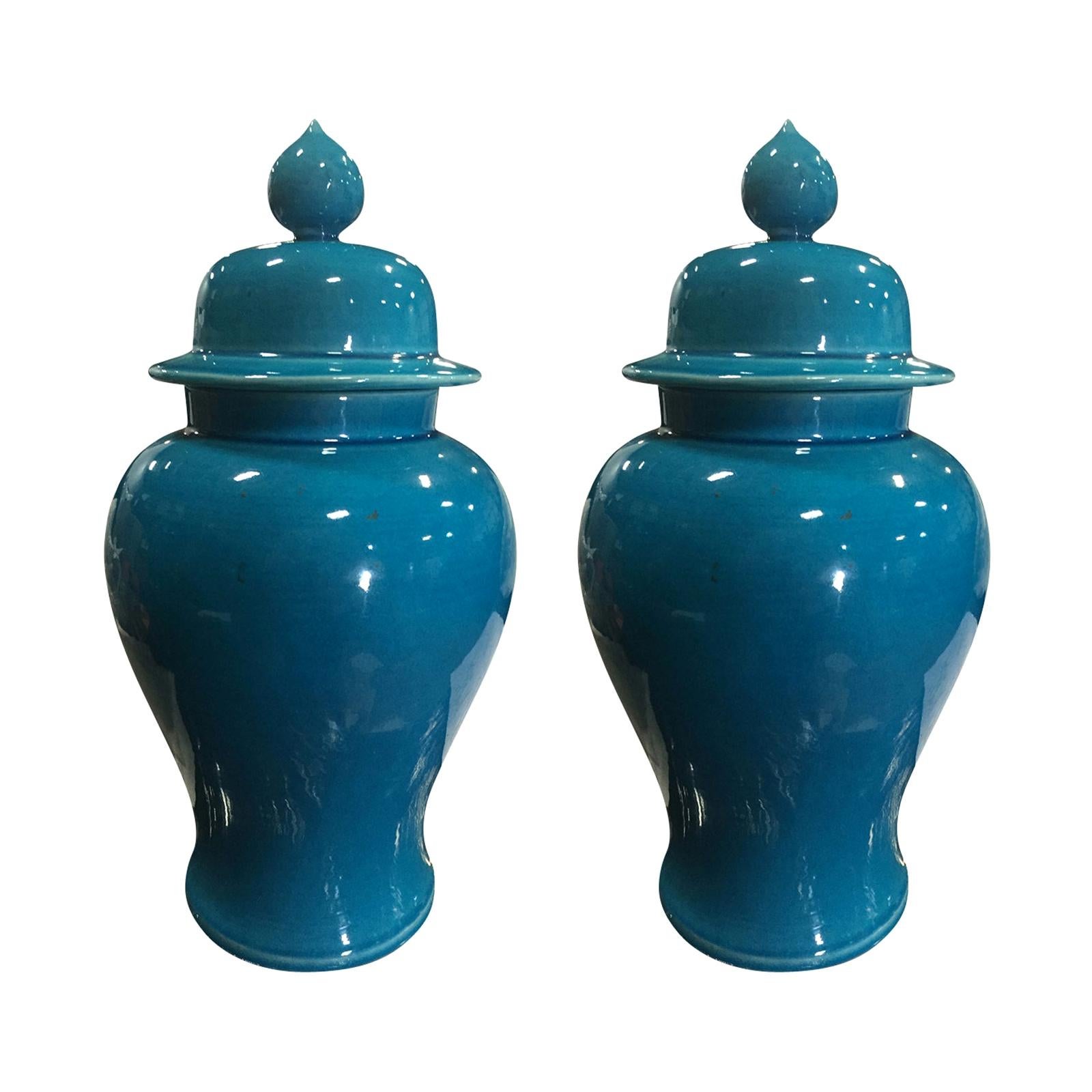 Pair of 20th Century Chinese Blue Porcelain Lidded Jars