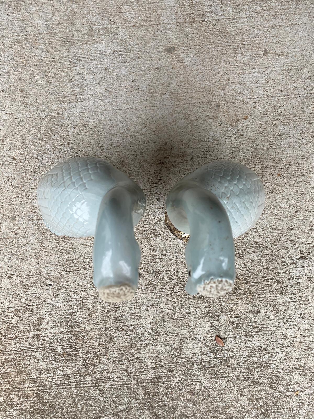 Pair of 20th Century Chinese Celadon Porcelain Cranes on Craggy Rocks 9