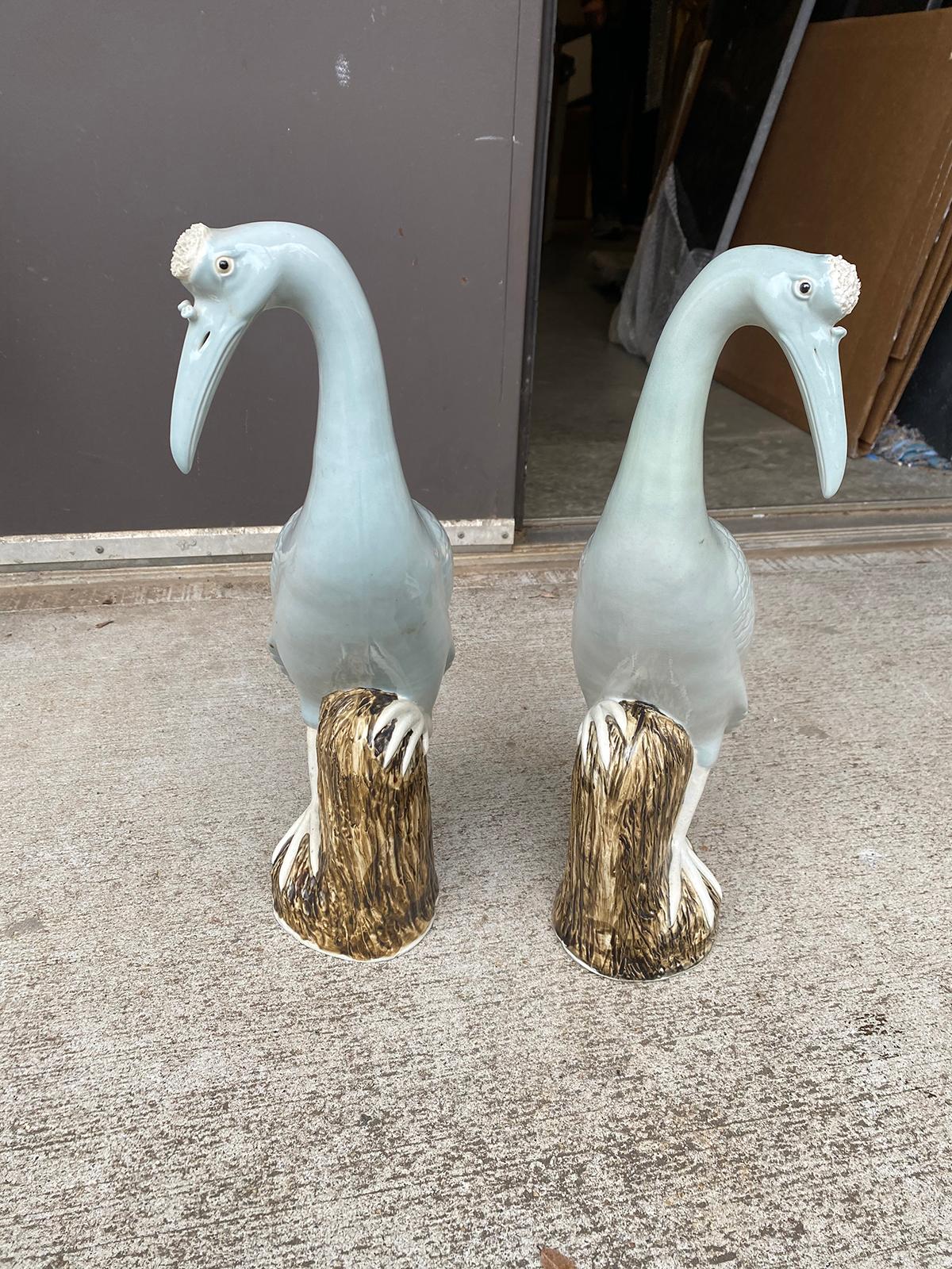 Pair of 20th Century Chinese Celadon Porcelain Cranes on Craggy Rocks In Good Condition In Atlanta, GA