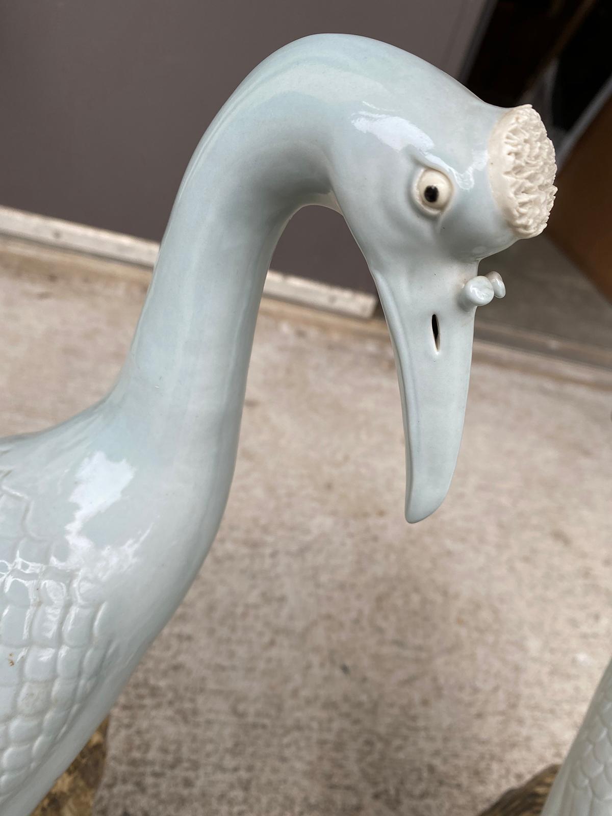 Pair of 20th Century Chinese Celadon Porcelain Cranes on Craggy Rocks 3