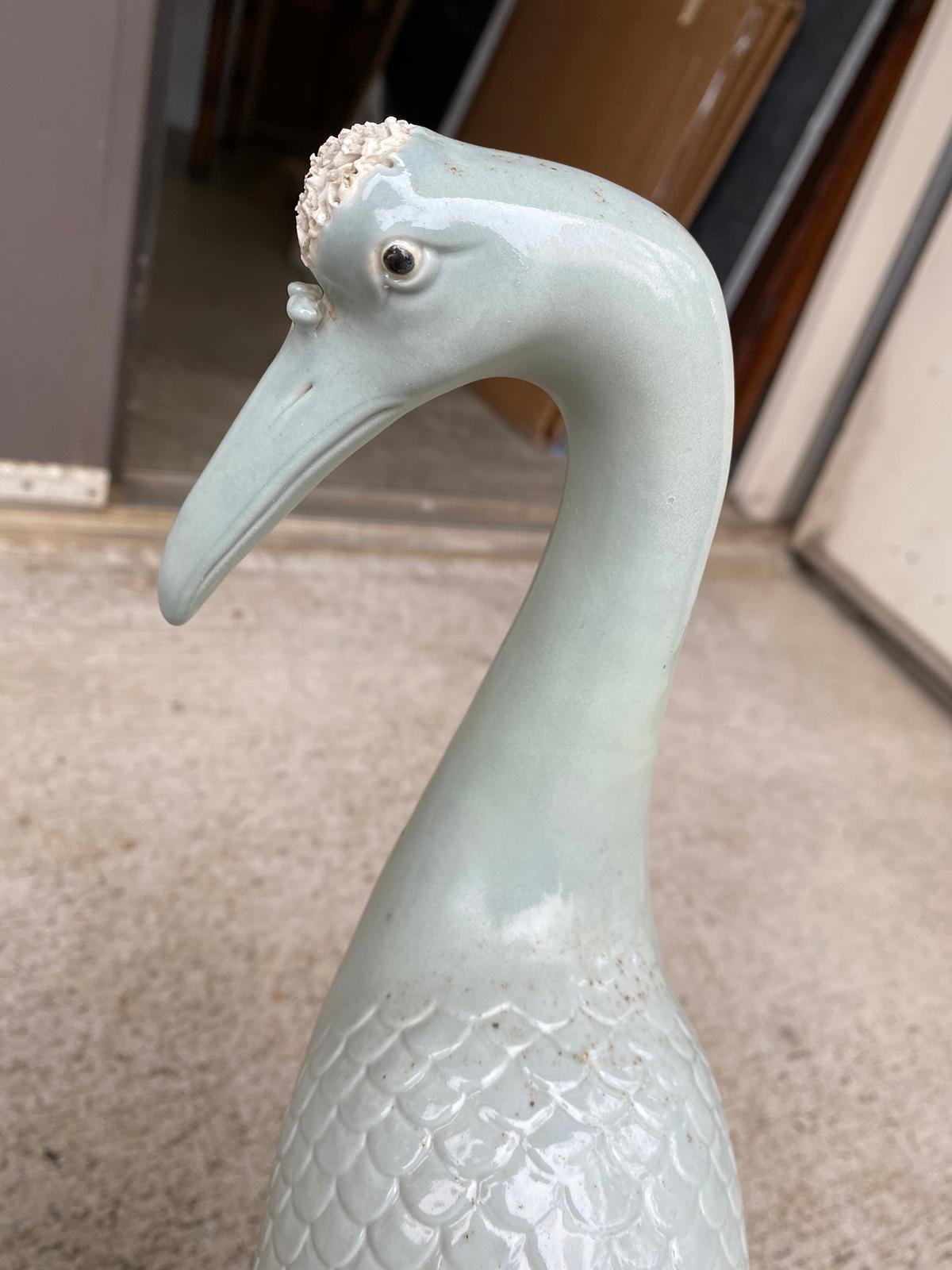 Pair of 20th Century Chinese Celadon Porcelain Cranes on Craggy Rocks 6