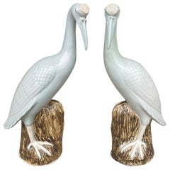 Pair of 20th Century Chinese Celadon Porcelain Cranes on Craggy Rocks