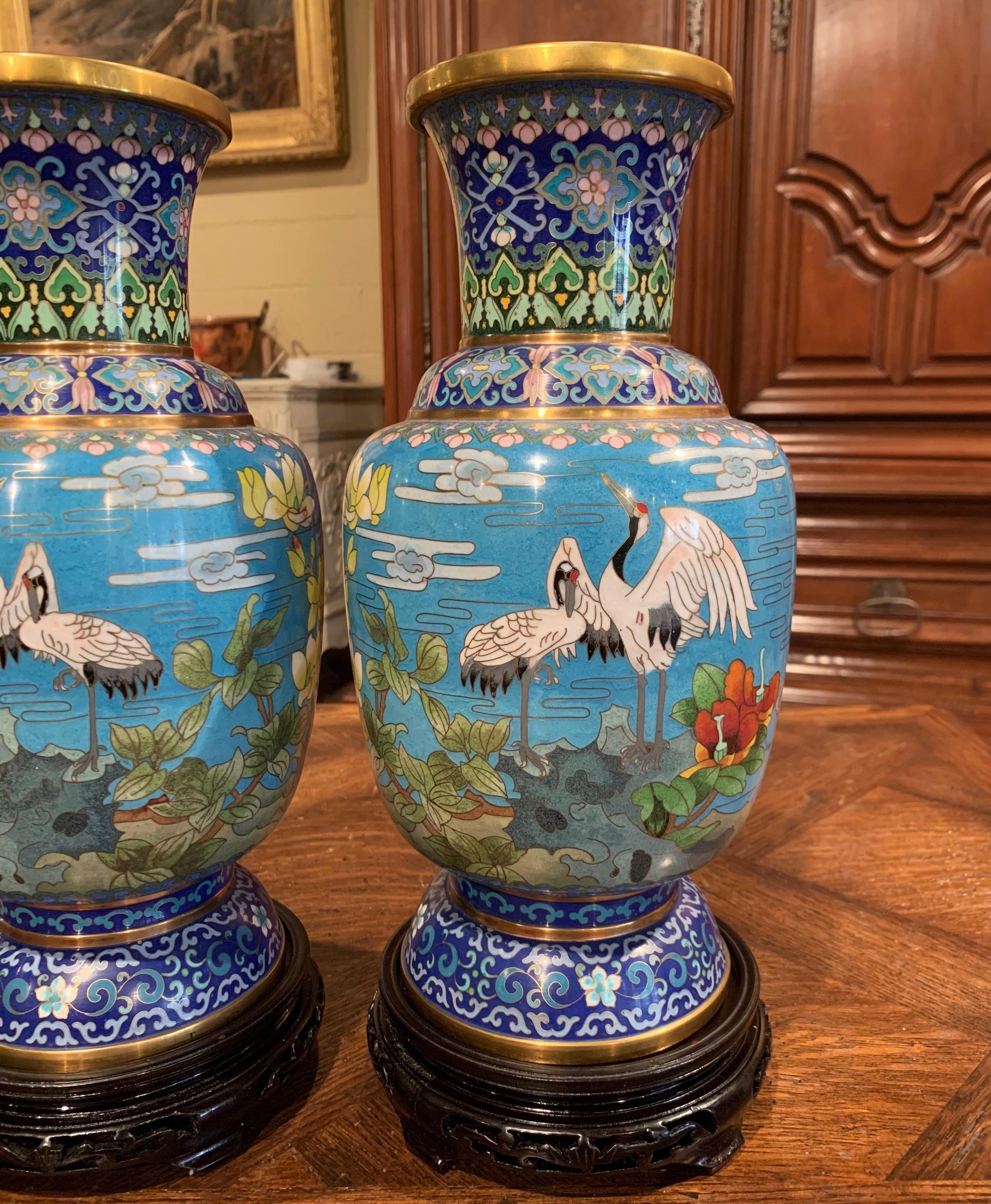 Pair of 20th Century Chinese Champlevé Enamel Vases on Stand with Bird Decor 5